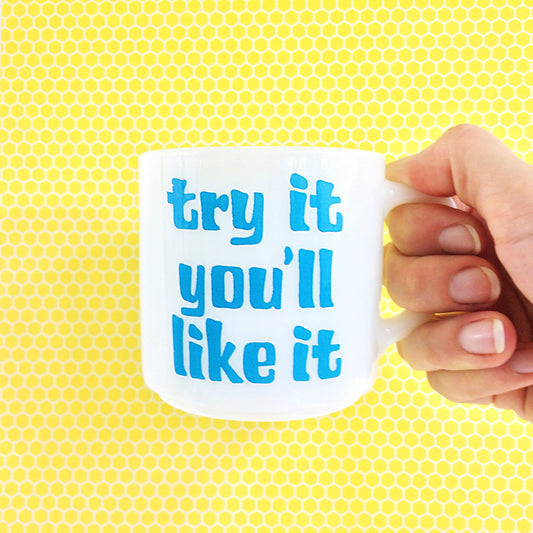 SOLD - Vintage 'Try It You'll Like It' Milk Glass Mug