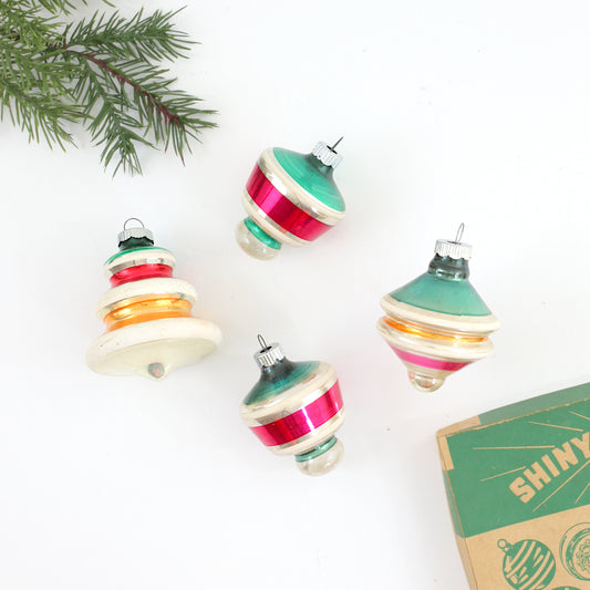 SOLD - Set of 4 Mid Century Shiny Brite UFO & Lantern Mercury Glass Ornaments