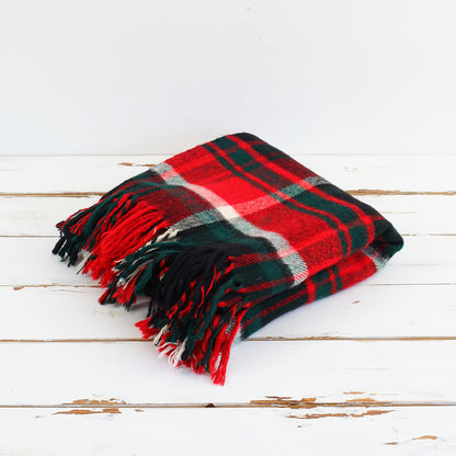 SOLD - Vintage Troy Plaid Throw Blanket / Red, Hunter Green & Black