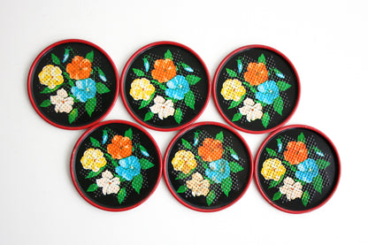 SOLD - Vintage Tin Flower Coasters / 1950's Colorful Tin Lithograph Drink Coasters