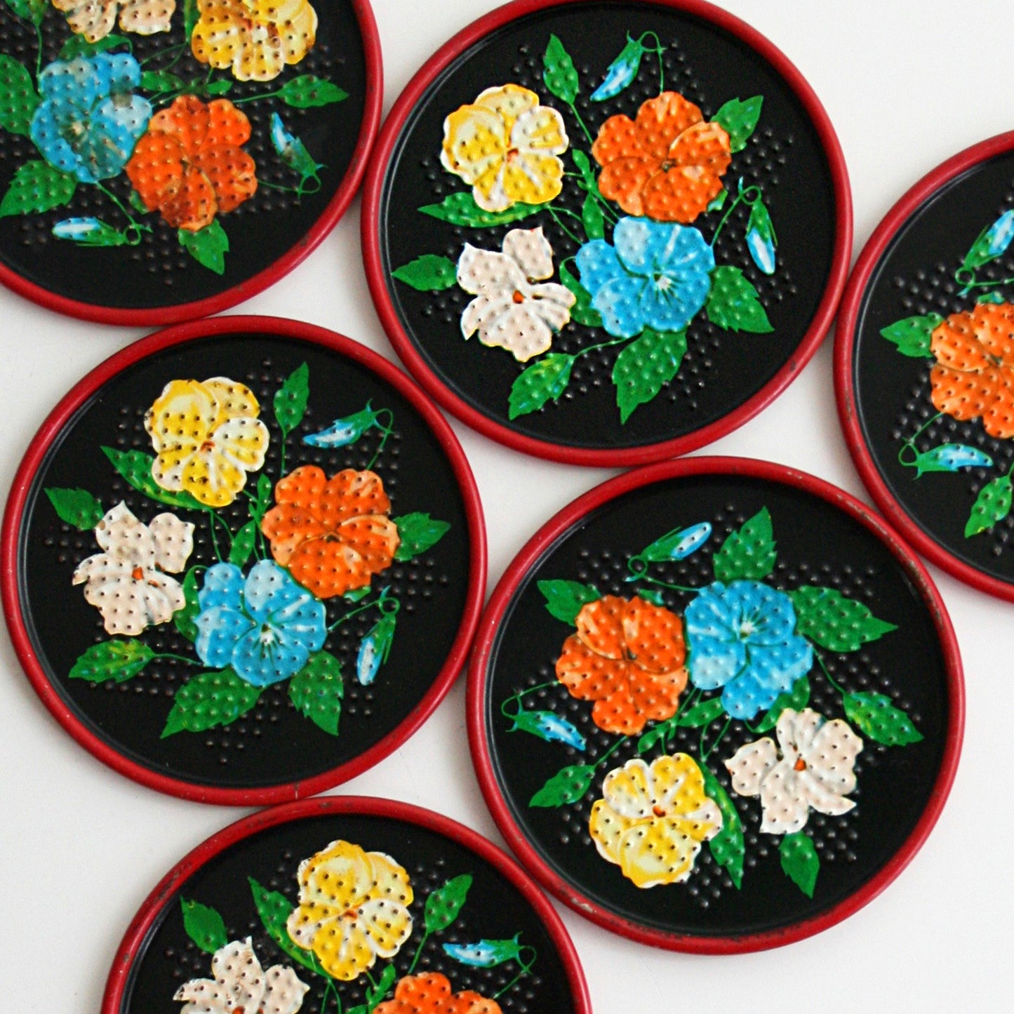 SOLD - Vintage Tin Flower Coasters / 1950's Colorful Tin Lithograph Drink Coasters
