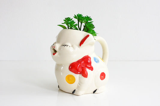 SOLD - 1940s Polka Dot Smiley Pig Creamer / Vintage Pig Pitcher by American Bisque