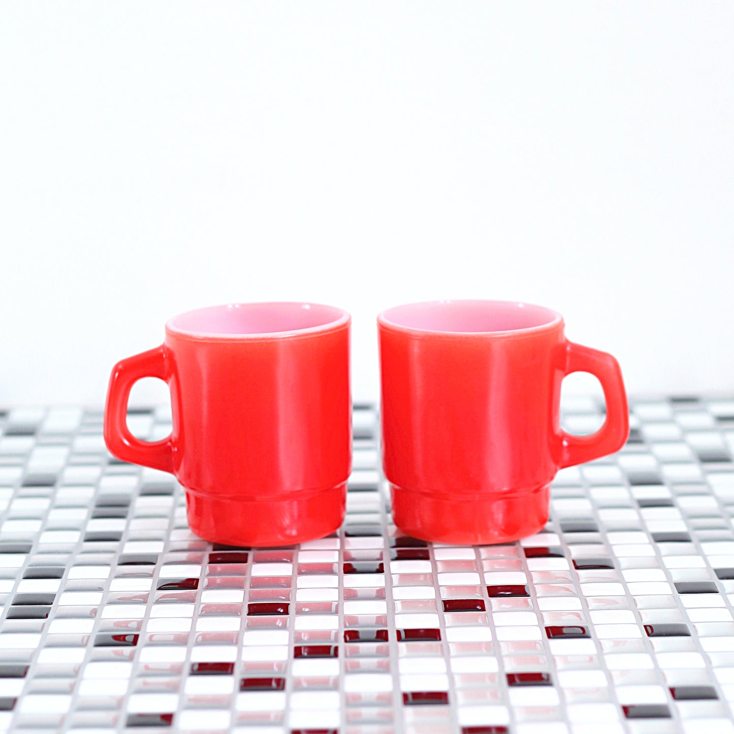 SOLD - Vintage Red Stacking Anchor Hocking Milk Glass Mugs