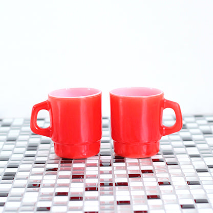 SOLD - Vintage Red Stacking Anchor Hocking Milk Glass Mugs