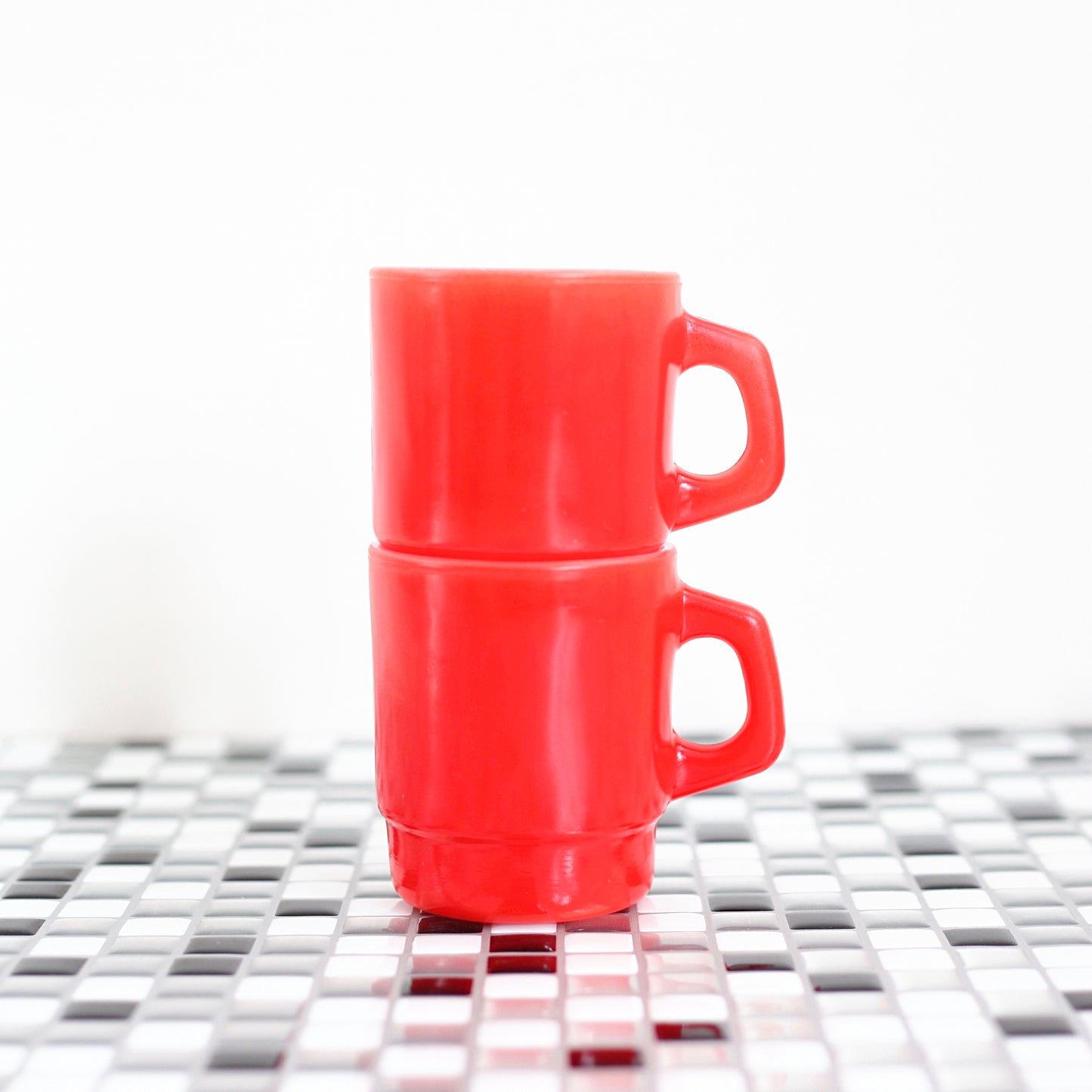 SOLD - Vintage Red Stacking Anchor Hocking Milk Glass Mugs