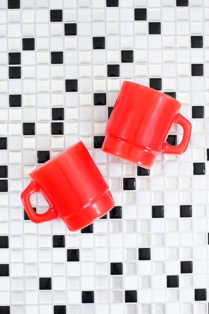 SOLD - Vintage Red Stacking Anchor Hocking Milk Glass Mugs