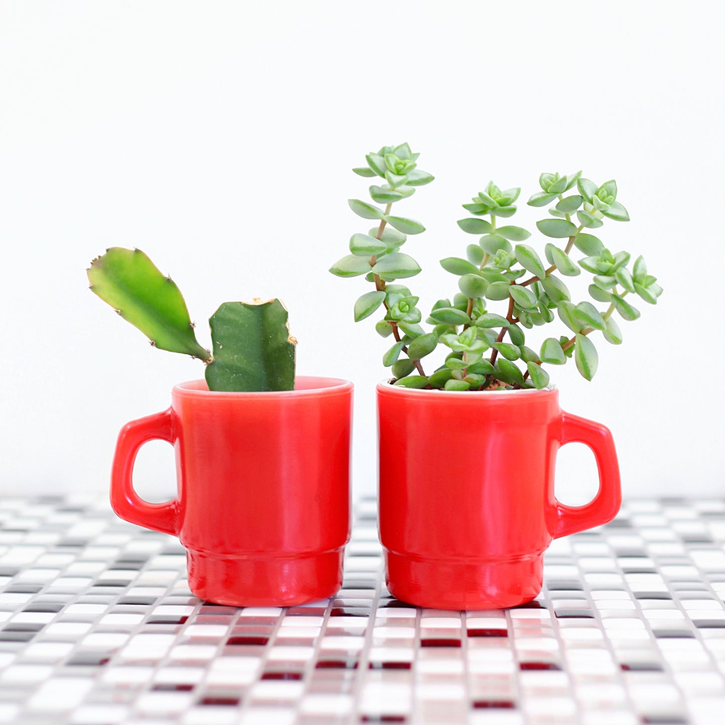 SOLD - Vintage Red Stacking Anchor Hocking Milk Glass Mugs