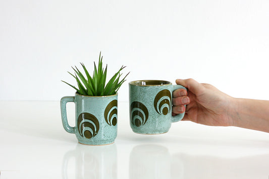 SOLD - Vintage Stoneware Geometric Coffee Mugs