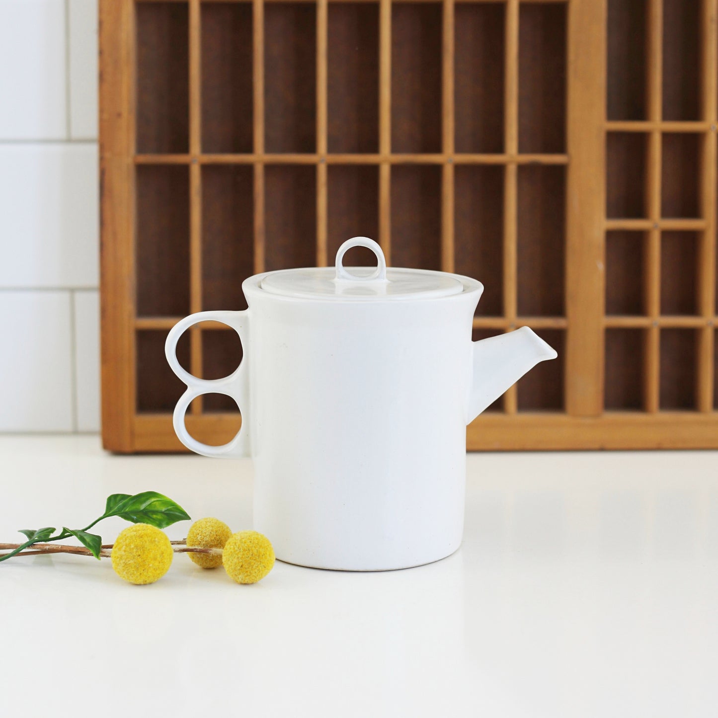 SOLD - Bennington Potters White Trigger Handle Teapot