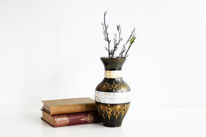 SOLD - Vintage Etched India Brass Gold & Black Enameled Vase with Mother of Pearl Inlay