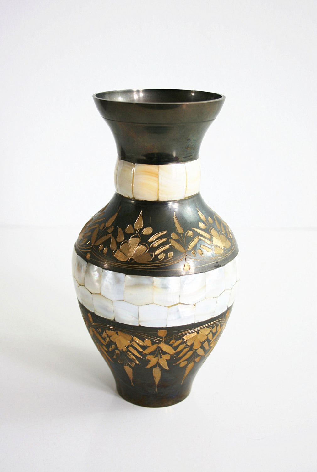 SOLD - Vintage Etched India Brass Gold & Black Enameled Vase with Mother of Pearl Inlay
