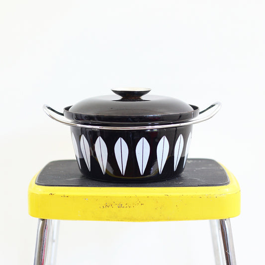 SOLD - Vintage Cathrineholm Black & White Enamel Lotus 1.5 Qt Stock Pot