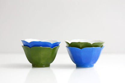 SOLD - Vintage Colorful Porcelain Lotus Bowls / Mid Century Blue & Green Flower Bowls