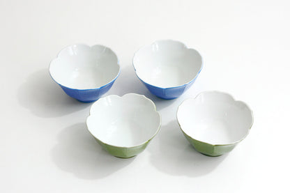 SOLD - Vintage Colorful Porcelain Lotus Bowls / Mid Century Blue & Green Flower Bowls
