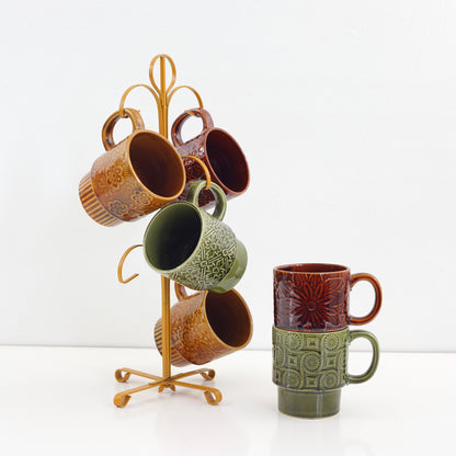 SOLD - Vintage Stoneware Stacking Mugs with Stand