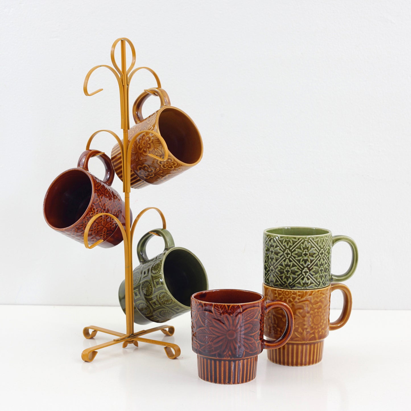 SOLD - Vintage Stoneware Stacking Mugs with Stand