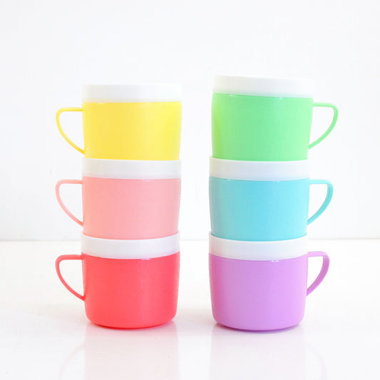SOLD - Set of 6 Mid Century Bolero Therm-O-Ware Colorful Plastic Mugs