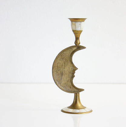 SOLD - Vintage Brass and Mother of Pearl Moon Candlestick / Candle Holder