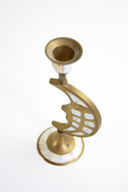 SOLD - Vintage Brass and Mother of Pearl Moon Candlestick / Candle Holder