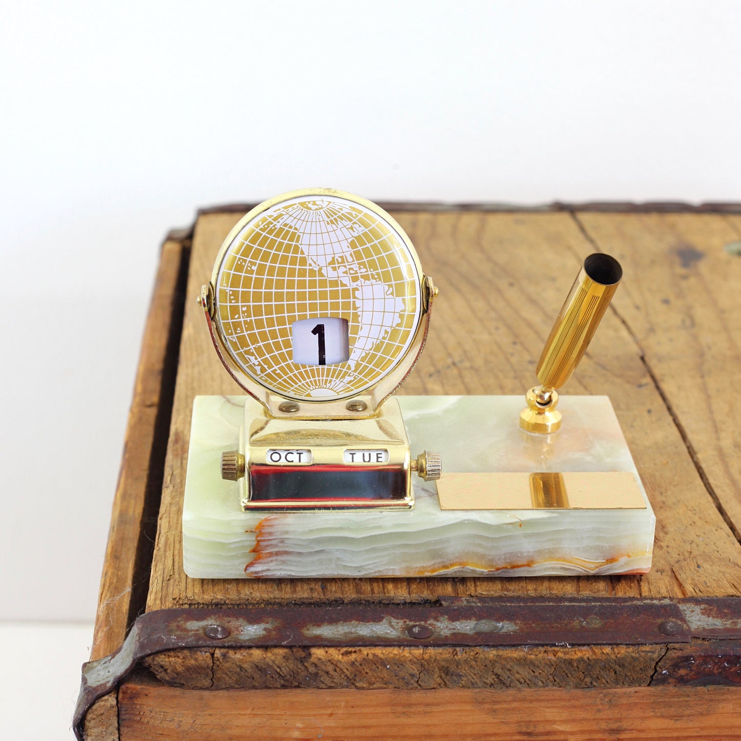SOLD - Vintage Brass & Onyx Perpetual Desk Calendar