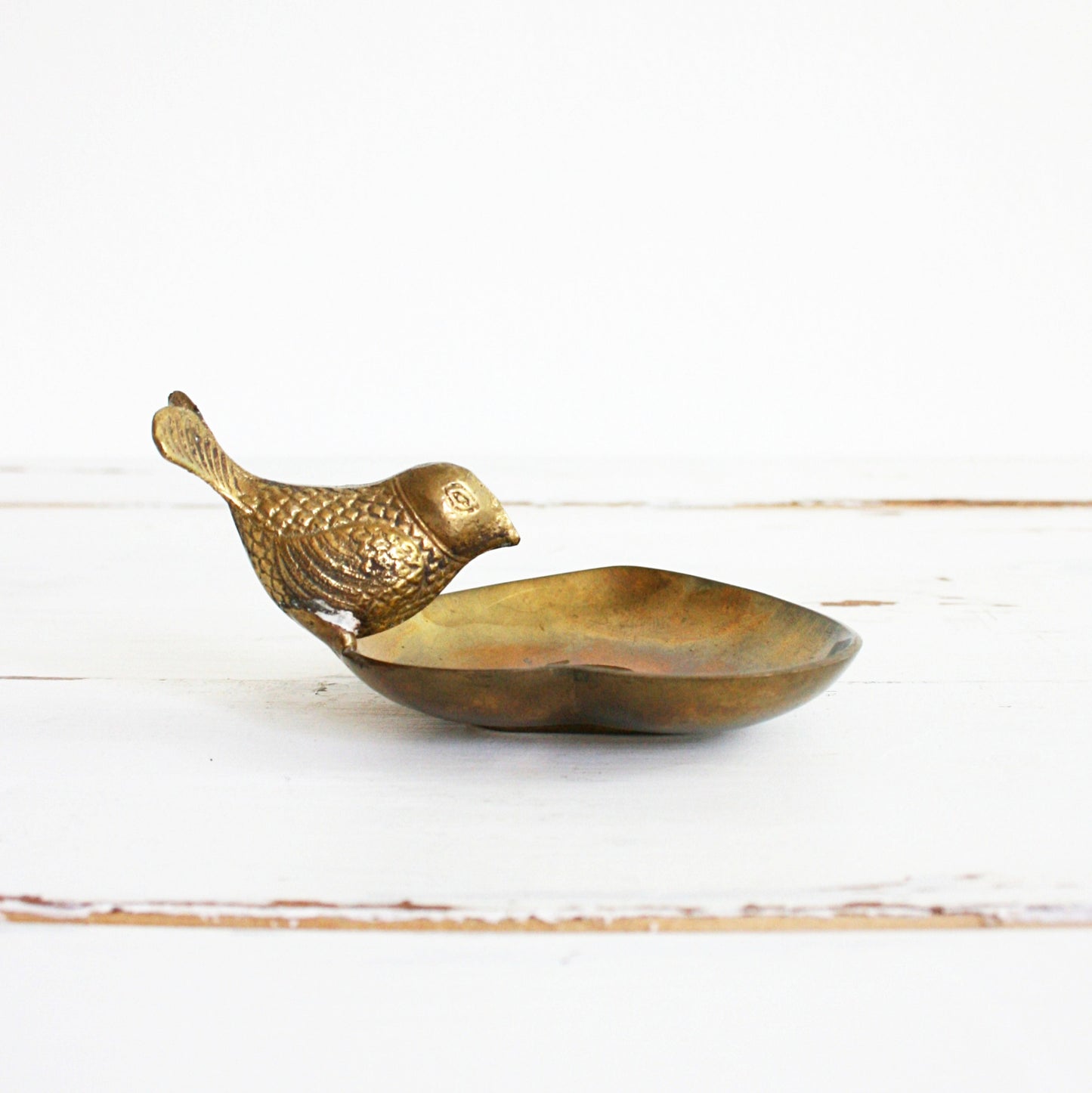 SOLD - Vintage Golden Brass Bird and Heart Trinket Dish / Mid Century Brass Dish