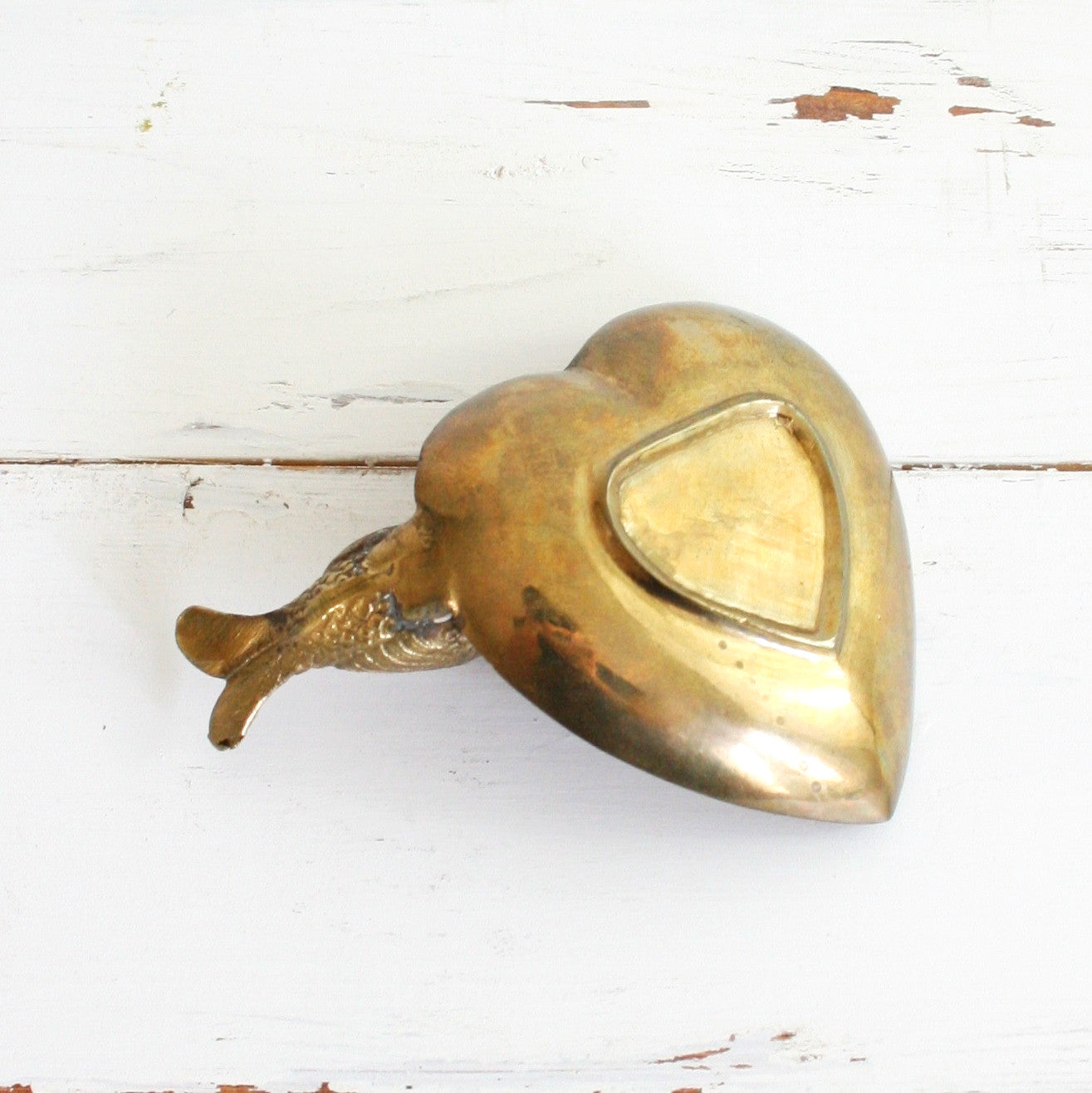 SOLD - Vintage Golden Brass Bird and Heart Trinket Dish / Mid Century Brass Dish