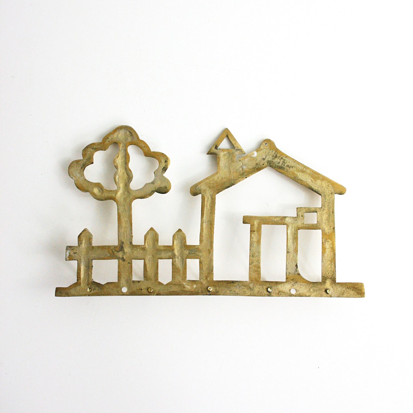 SOLD - Vintage Brass House Wall Hooks / Metal Neighborhood Key Rack