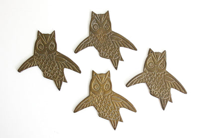 SOLD - Vintage Brass Owl Findings / Set of Four Owl Ornaments / Brass Owl Wind Chimes