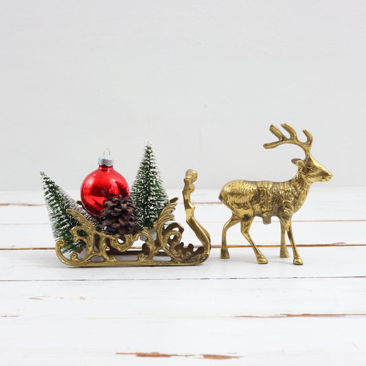SOLD - Vintage Brass Reindeer and Sleigh