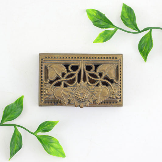 SOLD - Vintage Brass Sunflower Stamp Holder / Vintage Brass Trinket Box