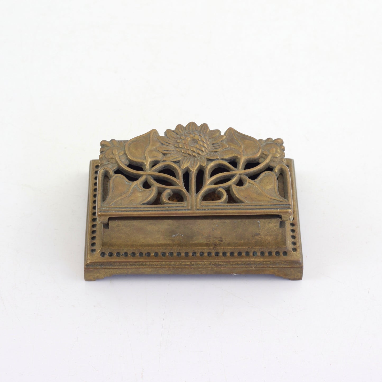 SOLD - Vintage Brass Sunflower Stamp Holder / Vintage Brass Trinket Box