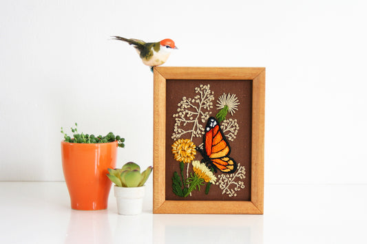 SOLD - Vintage Framed Monarch Butterfly Crewel Embroidery