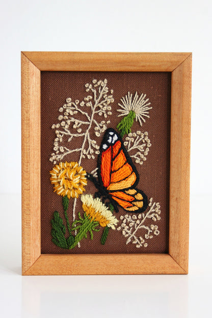 SOLD - Vintage Framed Monarch Butterfly Crewel Embroidery