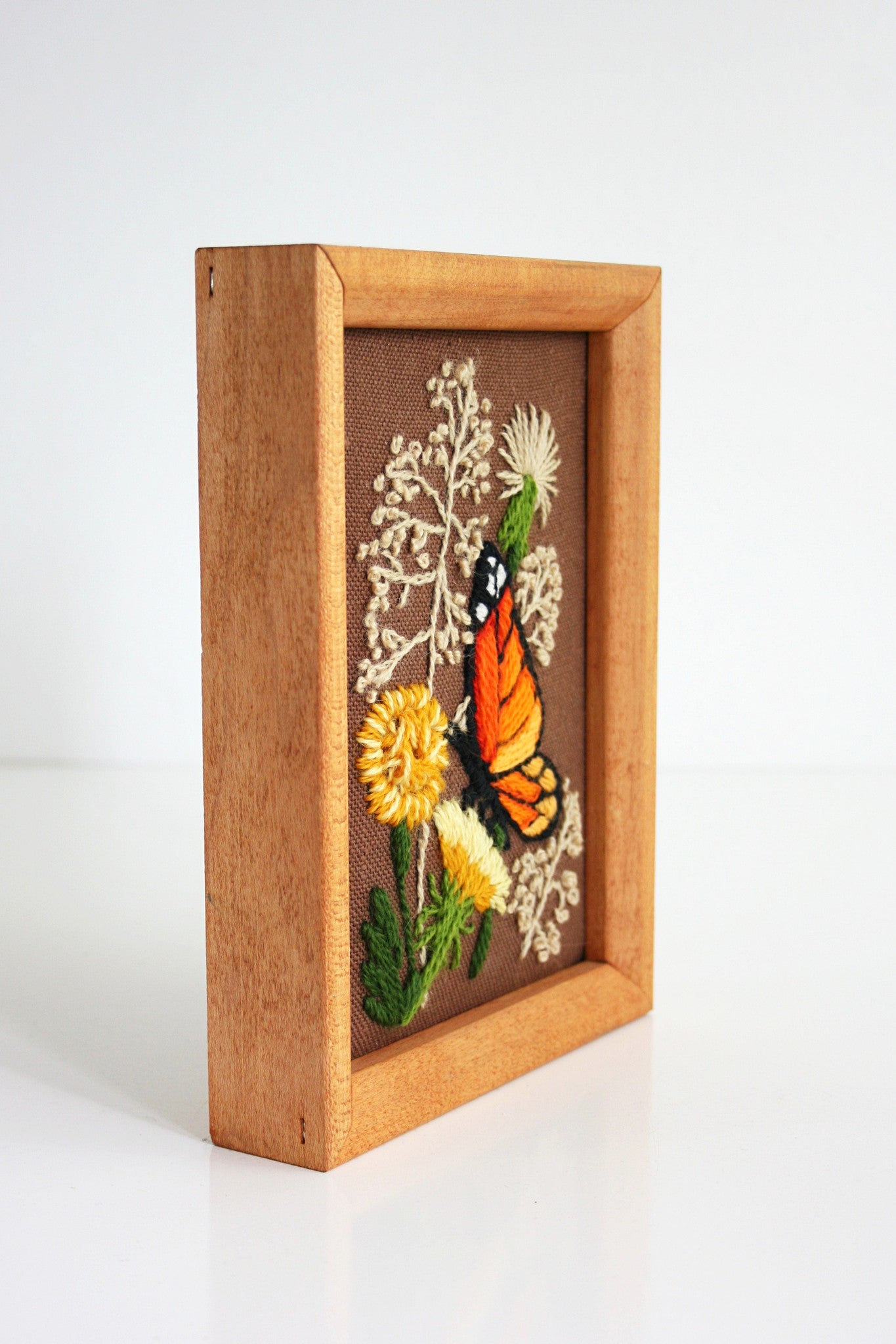 SOLD - Vintage Framed Monarch Butterfly Crewel Embroidery