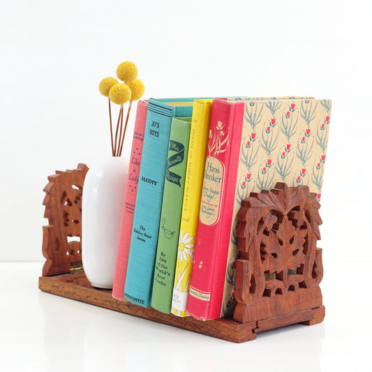 SOLD - Vintage Carved Wood Expandable Book Rack