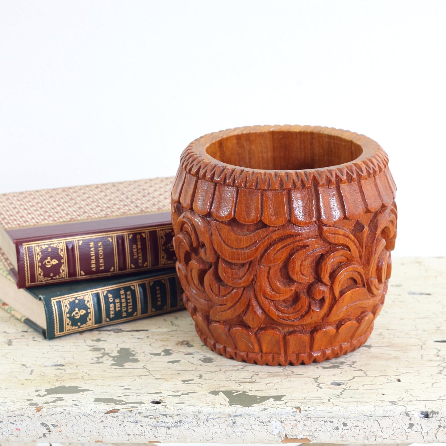 SOLD - Vintage Carved Wood Planter