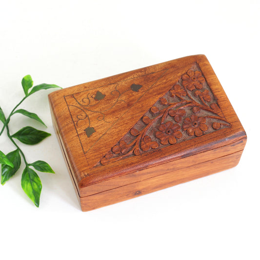 SOLD - Vintage Carved Wood & Brass Trinket Box