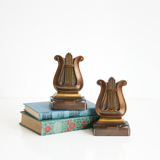 SOLD - Art Deco Brass and Copper Lyre Bookends by PMC