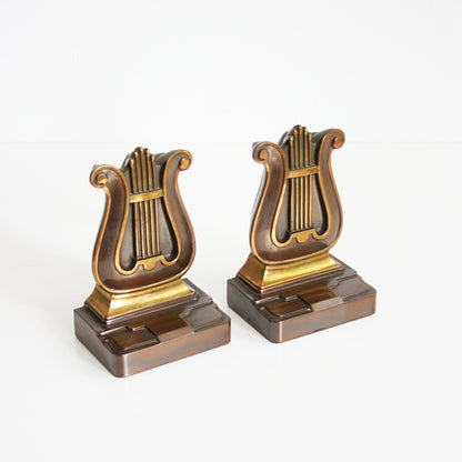 SOLD - Art Deco Brass and Copper Lyre Bookends by PMC