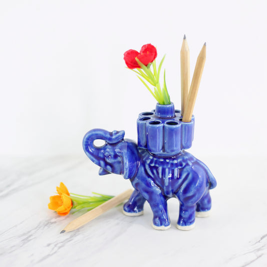 SOLD - Vintage 1940s Blue Ceramic Elephant Cigarette Holder