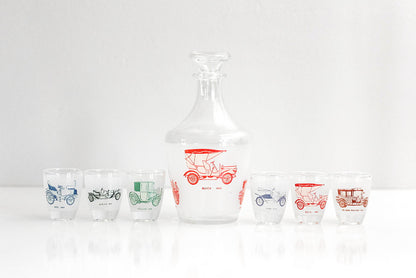 SOLD - Vintage Classic Cars Shot Glasses and Decanter Set from France / Antique Automobiles Liquor Set
