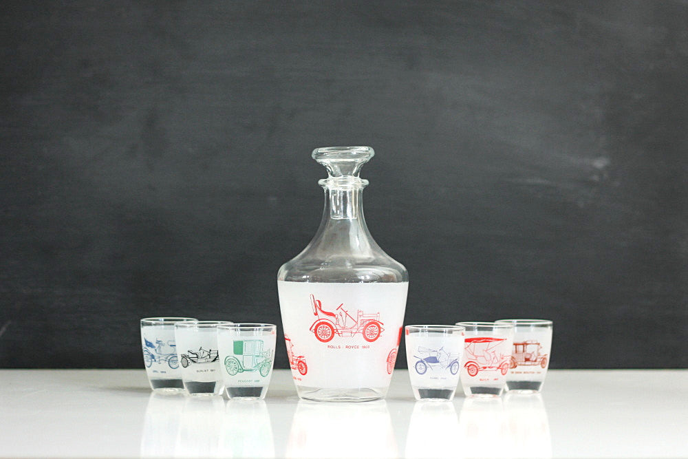 SOLD - Vintage Classic Cars Shot Glasses and Decanter Set from France / Antique Automobiles Liquor Set