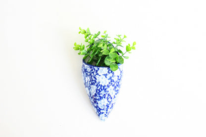 SOLD - Vintage Ceramic Cobalt Blue and White Calico Wall Pocket