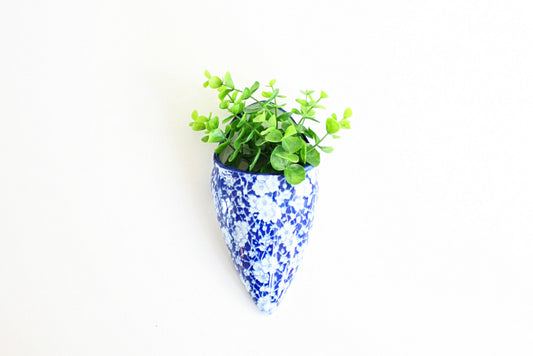 SOLD - Vintage Ceramic Cobalt Blue and White Calico Wall Pocket