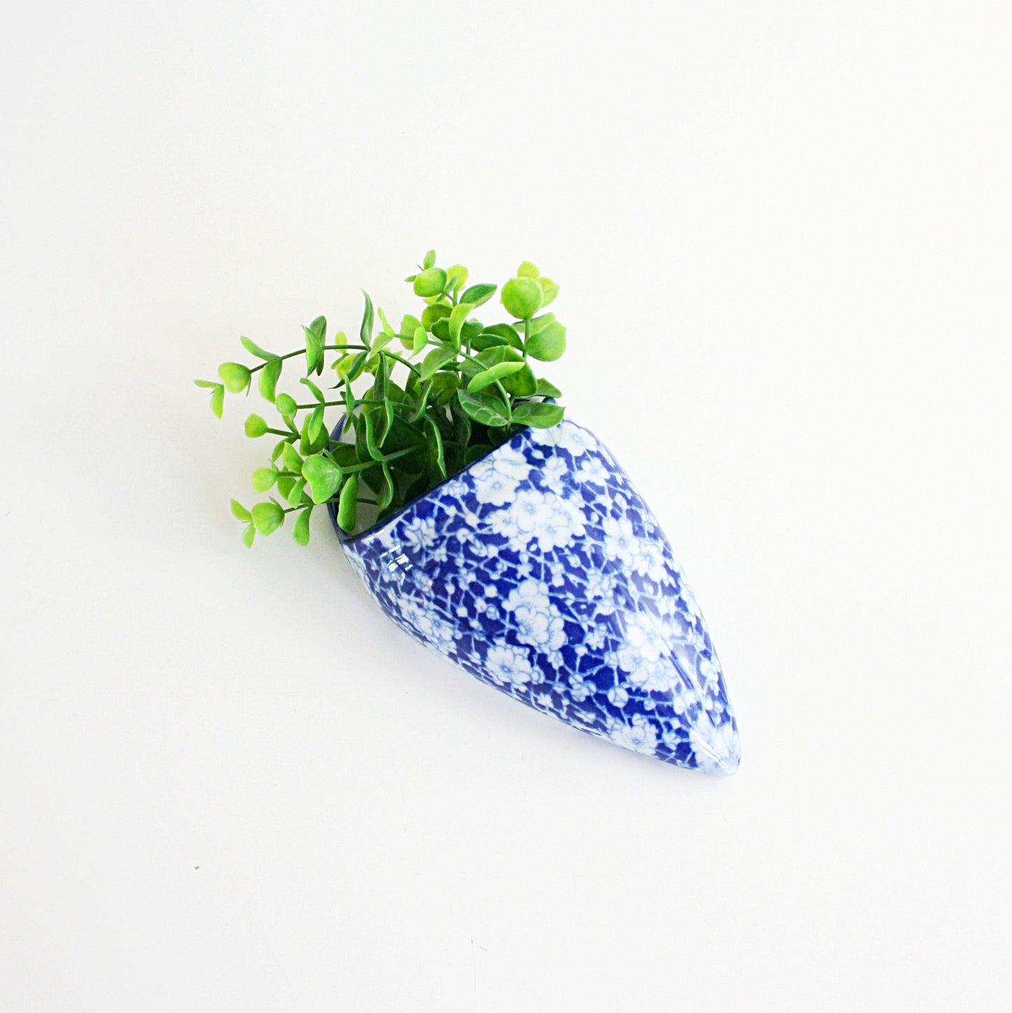 SOLD - Vintage Ceramic Cobalt Blue and White Calico Wall Pocket