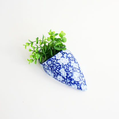 SOLD - Vintage Ceramic Cobalt Blue and White Calico Wall Pocket