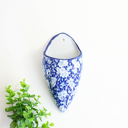 SOLD - Vintage Ceramic Cobalt Blue and White Calico Wall Pocket