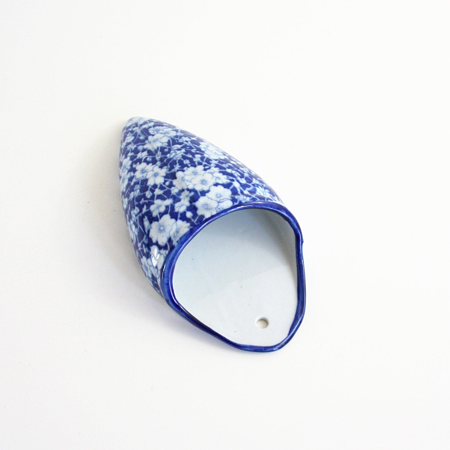 SOLD - Vintage Ceramic Cobalt Blue and White Calico Wall Pocket