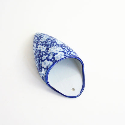 SOLD - Vintage Ceramic Cobalt Blue and White Calico Wall Pocket