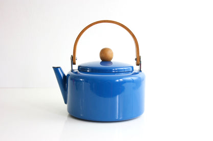 SOLD - Mid Century Enamel Tea Kettle with Wood Handle / Vintage Blue Enamel Tea Kettle